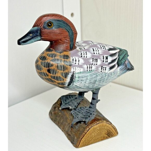 Pacific Rim Carvers Other - Pacific Rim Carvers Hand Carved Hand Painted Duck standing on log 3.75”x 3.5"